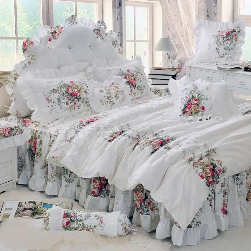 Luxury Princess Lace Bedding Set Korean Style 100%Cotton White Flowers Print Ruffles Duvet Cover Bedspread Bed Skirt Pillowcases - SHOWLU FASHION STORE