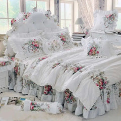 Luxury Princess Lace Bedding Set Korean Style 100%Cotton White Flowers Print Ruffles Duvet Cover Bedspread Bed Skirt Pillowcases - SHOWLU FASHION STORE