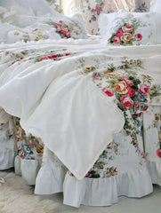 Luxury Princess Lace Bedding Set Korean Style 100%Cotton White Flowers Print Ruffles Duvet Cover Bedspread Bed Skirt Pillowcases - SHOWLU FASHION STORE
