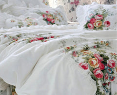 Luxury Princess Lace Bedding Set Korean Style 100%Cotton White Flowers Print Ruffles Duvet Cover Bedspread Bed Skirt Pillowcases - SHOWLU FASHION STORE