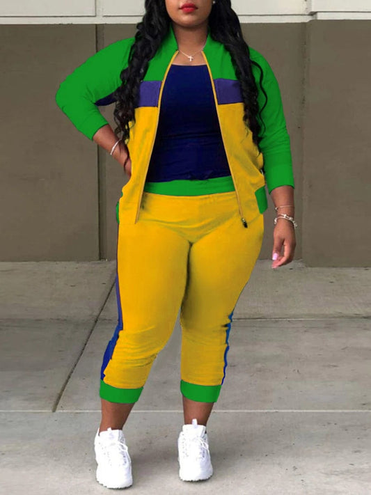 LW Plus Size Zipper Design Patchwork Pants Set Women Color Block Mandarin Collar Tracksuits Long Sleeve Two Pieces Outfits - SHOWLU FASHION STORE