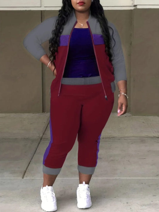 LW Plus Size Zipper Design Patchwork Pants Set Women Color Block Mandarin Collar Tracksuits Long Sleeve Two Pieces Outfits - SHOWLU FASHION STORE