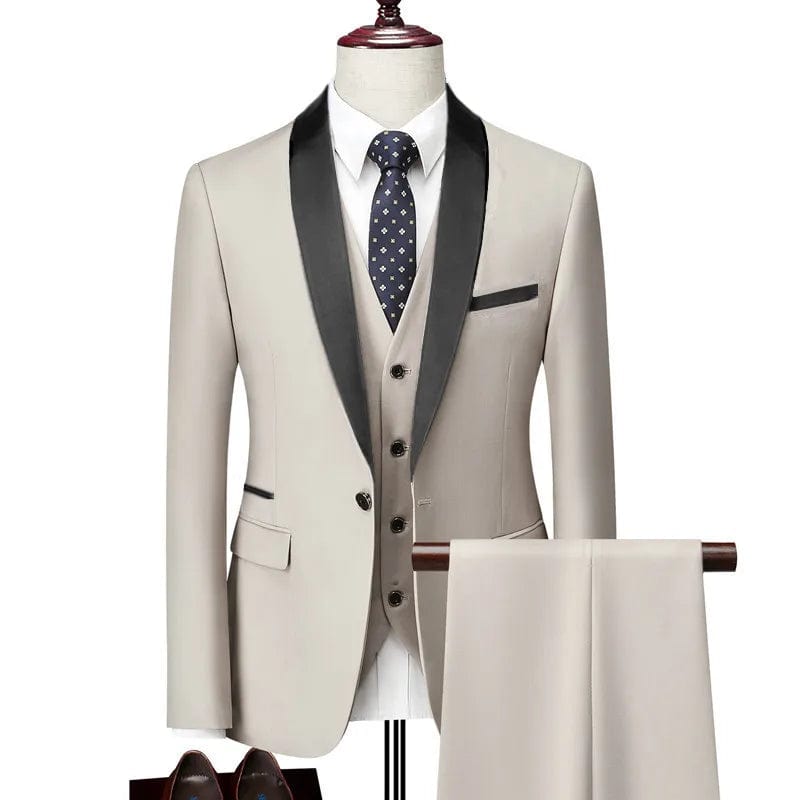 Men Lapel Black Collar 3 Pcs Suit Set Coat Vest Trousers / Business Groomsmen Groom Wedding Dress Fprmal Blazer Pants Waistcoat - SHOWLU FASHION STORE