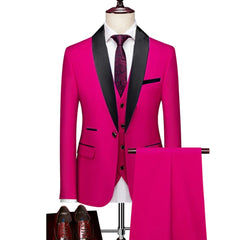 Men Lapel Black Collar 3 Pcs Suit Set Coat Vest Trousers / Business Groomsmen Groom Wedding Dress Fprmal Blazer Pants Waistcoat - SHOWLU FASHION STORE