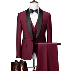 Men Lapel Black Collar 3 Pcs Suit Set Coat Vest Trousers / Business Groomsmen Groom Wedding Dress Fprmal Blazer Pants Waistcoat - SHOWLU FASHION STORE