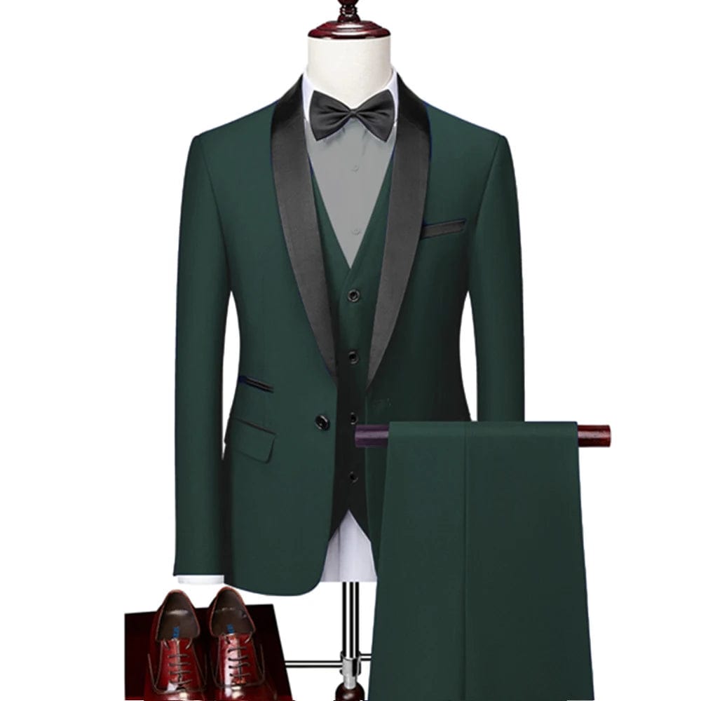 Men Lapel Black Collar 3 Pcs Suit Set Coat Vest Trousers / Business Groomsmen Groom Wedding Dress Fprmal Blazer Pants Waistcoat - SHOWLU FASHION STORE