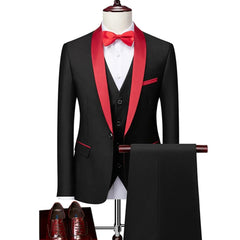 Men Lapel Black Collar 3 Pcs Suit Set Coat Vest Trousers / Business Groomsmen Groom Wedding Dress Fprmal Blazer Pants Waistcoat - SHOWLU FASHION STORE