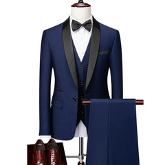 Men Lapel Black Collar 3 Pcs Suit Set Coat Vest Trousers / Business Groomsmen Groom Wedding Dress Fprmal Blazer Pants Waistcoat - SHOWLU FASHION STORE