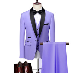 Men Lapel Black Collar 3 Pcs Suit Set Coat Vest Trousers / Business Groomsmen Groom Wedding Dress Fprmal Blazer Pants Waistcoat - SHOWLU FASHION STORE