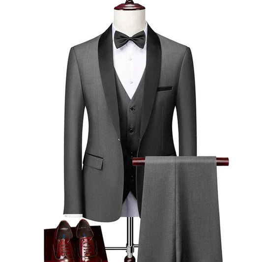 Men Lapel Black Collar 3 Pcs Suit Set Coat Vest Trousers / Business Groomsmen Groom Wedding Dress Fprmal Blazer Pants Waistcoat - SHOWLU FASHION STORE