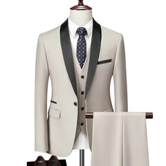 Men Lapel Black Collar 3 Pcs Suit Set Coat Vest Trousers / Business Groomsmen Groom Wedding Dress Fprmal Blazer Pants Waistcoat - SHOWLU FASHION STORE