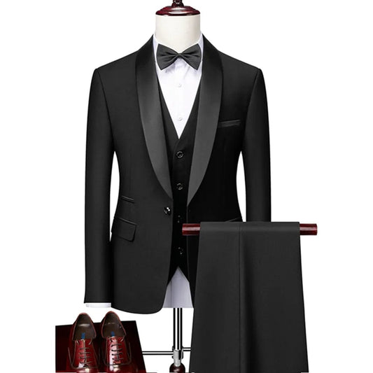 Men Lapel Black Collar 3 Pcs Suit Set Coat Vest Trousers / Business Groomsmen Groom Wedding Dress Fprmal Blazer Pants Waistcoat - SHOWLU FASHION STORE