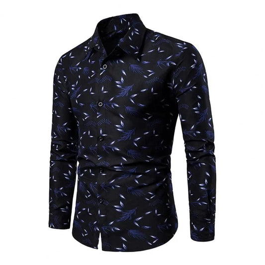 Men Shirt Leaf Print Single - breasted Streetwear Slim - fitting Buttoned Shirt for Spring Summer Autumn Winter - SHOWLU FASHION STORE