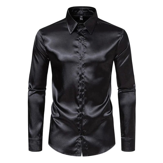 Men's Black Satin Luxury Dress Shirts Fashion Silk Smooth Tuxedo Shirt Solid Wedding Party Prom Casual Shirt Business Office - SHOWLU FASHION STORE