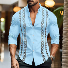 Men's button - up shirt casual business spring and summer large size long - sleeved striped print work daily vacation shirt - SHOWLU FASHION STORE