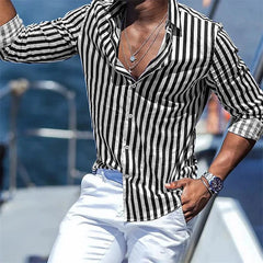 Men's button - up shirt casual business spring and summer large size long - sleeved striped print work daily vacation shirt - SHOWLU FASHION STORE