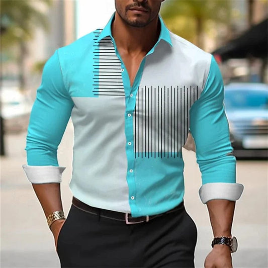 Men's button - up shirt casual business spring and summer large size long - sleeved striped print work daily vacation shirt - SHOWLU FASHION STORE