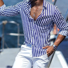 Men's button - up shirt casual business spring and summer large size long - sleeved striped print work daily vacation shirt - SHOWLU FASHION STORE