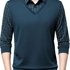 Men's Geometric Graphic Print Golf Shirt, Casual Fake Two - piece Long Sleeve Shirt For Winter Fall Outdoor - SHOWLU FASHION STORE