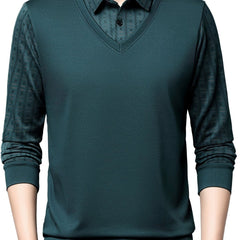 Men's Geometric Graphic Print Golf Shirt, Casual Fake Two - piece Long Sleeve Shirt For Winter Fall Outdoor - SHOWLU FASHION STORE