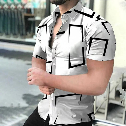 Men's Geometric Line Printed Shirt, Summer Casual Fashion, Lapel Button,Comfortable Fabric, Short Sleeve Shirt, 2024 - SHOWLU FASHION STORE