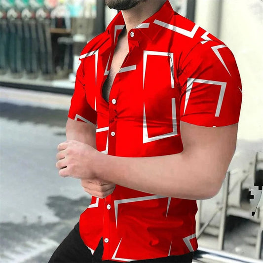 Men's Geometric Line Printed Shirt, Summer Casual Fashion, Lapel Button,Comfortable Fabric, Short Sleeve Shirt, 2024 - SHOWLU FASHION STORE