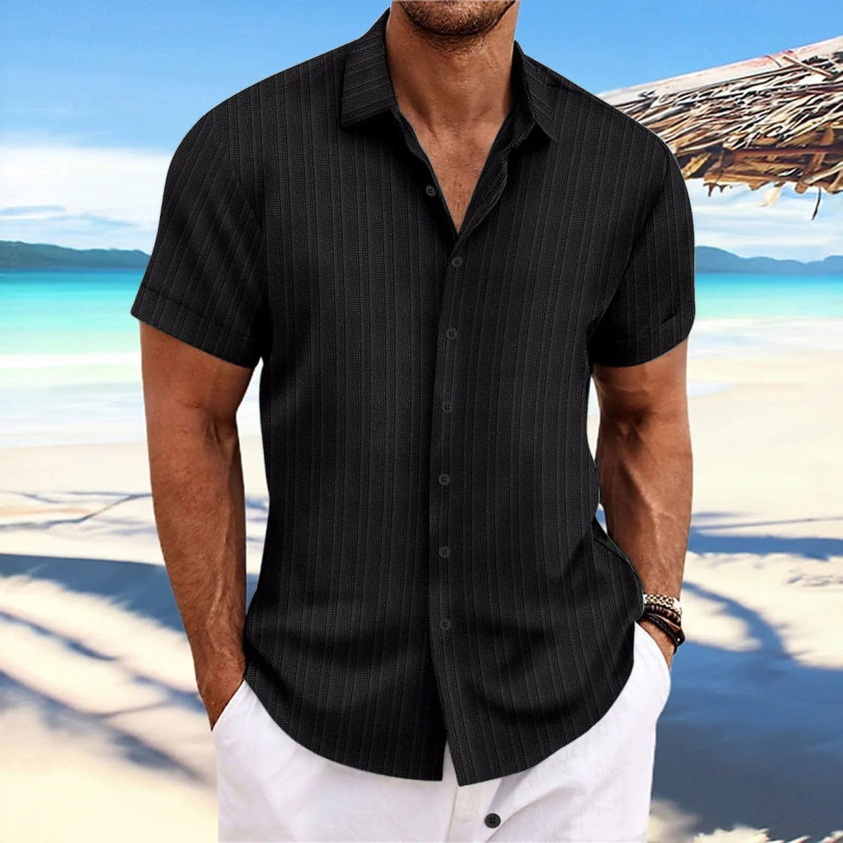 Men's Linen Striped Jacquard Casual Shirt - SHOWLU FASHION STORE