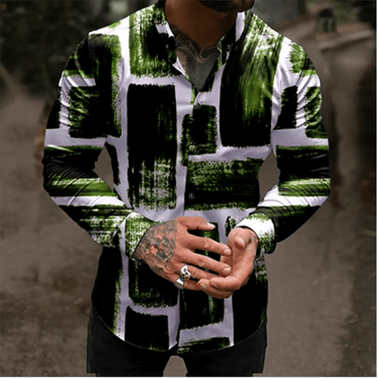 Men's shirt color block 3D printed navy blue outdoor street long sleeve button clothing fashionable design casual breathable - SHOWLU FASHION STORE