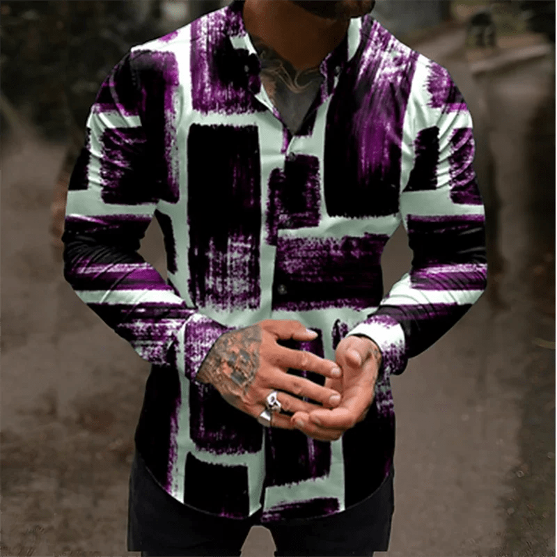 Men's shirt color block 3D printed navy blue outdoor street long sleeve button clothing fashionable design casual breathable - SHOWLU FASHION STORE
