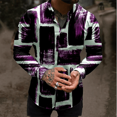 Men's shirt color block 3D printed navy blue outdoor street long sleeve button clothing fashionable design casual breathable - SHOWLU FASHION STORE