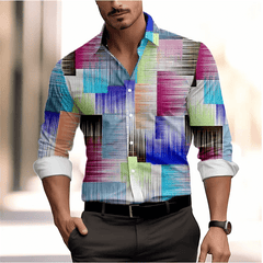 Men's shirt color block 3D printed navy blue outdoor street long sleeve button clothing fashionable design casual breathable - SHOWLU FASHION STORE