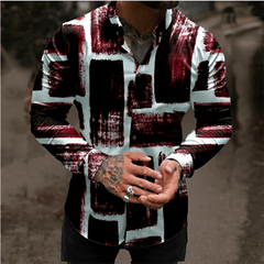 Men's shirt color block 3D printed navy blue outdoor street long sleeve button clothing fashionable design casual breathable - SHOWLU FASHION STORE