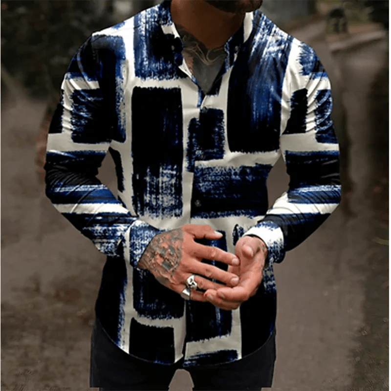 Men's shirt color block 3D printed navy blue outdoor street long sleeve button clothing fashionable design casual breathable - SHOWLU FASHION STORE