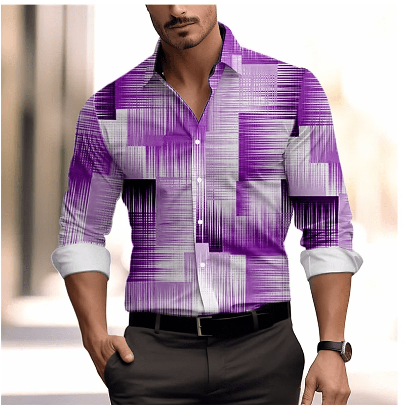Men's shirt color block 3D printed navy blue outdoor street long sleeve button clothing fashionable design casual breathable - SHOWLU FASHION STORE
