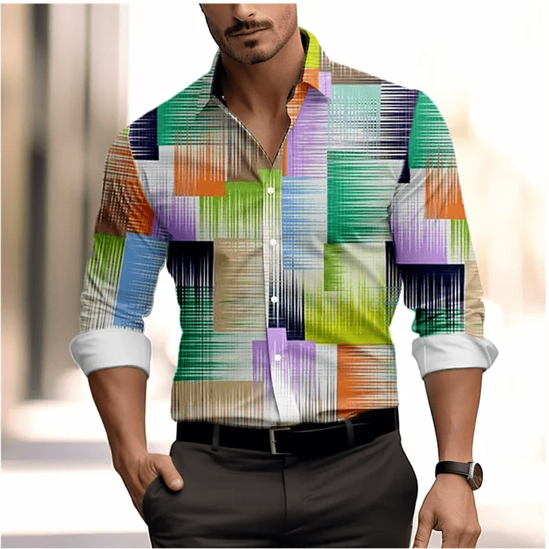 Men's shirt color block 3D printed navy blue outdoor street long sleeve button clothing fashionable design casual breathable - SHOWLU FASHION STORE