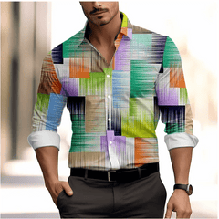 Men's shirt color block 3D printed navy blue outdoor street long sleeve button clothing fashionable design casual breathable - SHOWLU FASHION STORE
