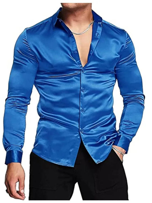 Men's shirt Muscular men bright face solid color single breasted long sleeve shirt casual loose exercise woven top - SHOWLU FASHION STORE