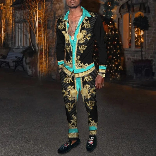Men's Shirt Suits 3D Print Retro Harajuku Fashion Men Casuan Breathable Men's Lapel Long Sleeve Shirt Long Pants Two Piece Set - SHOWLU FASHION STORE