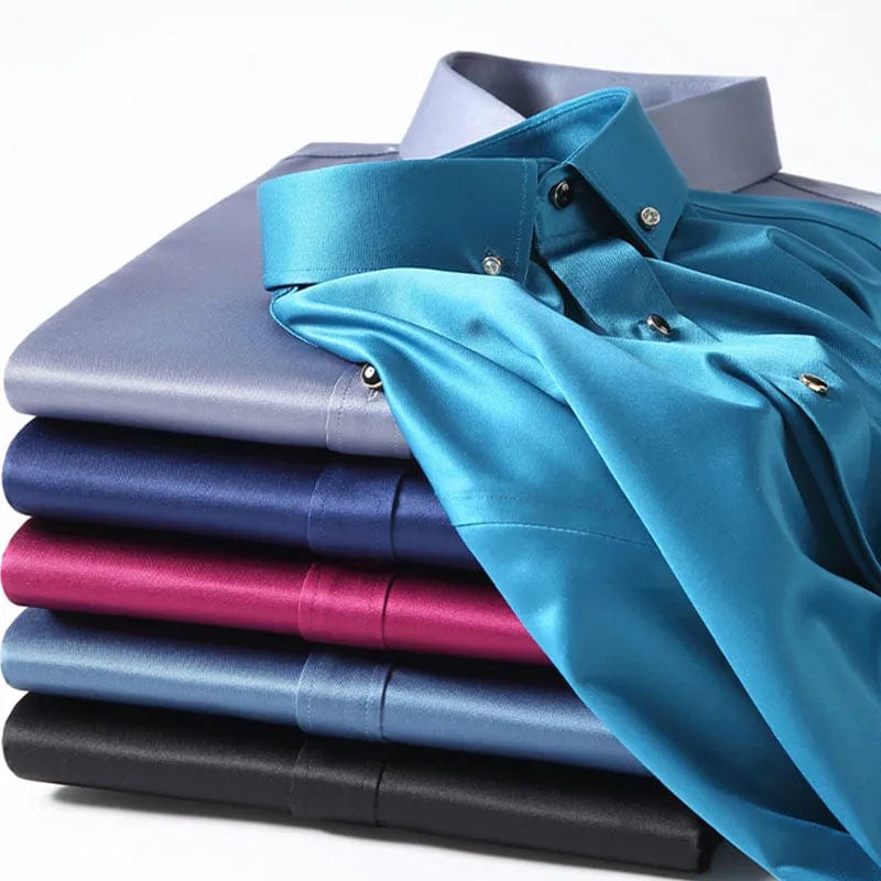 Men's Silk Shirts Long Sleeve Drill Button Solid Color 3XL Silky Business Formal Social No Iron and Wrinkle Soft Fashion Clothes - SHOWLU FASHION STORE