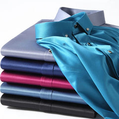 Men's Silk Shirts Long Sleeve Drill Button Solid Color 3XL Silky Business Formal Social No Iron and Wrinkle Soft Fashion Clothes - SHOWLU FASHION STORE