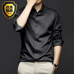 Men's Silk Shirts Long Sleeve Drill Button Solid Color 3XL Silky Business Formal Social No Iron and Wrinkle Soft Fashion Clothes - SHOWLU FASHION STORE