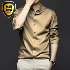 Men's Silk Shirts Long Sleeve Drill Button Solid Color 3XL Silky Business Formal Social No Iron and Wrinkle Soft Fashion Clothes - SHOWLU FASHION STORE