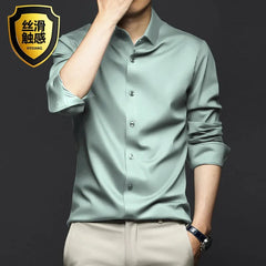 Men's Silk Shirts Long Sleeve Drill Button Solid Color 3XL Silky Business Formal Social No Iron and Wrinkle Soft Fashion Clothes - SHOWLU FASHION STORE