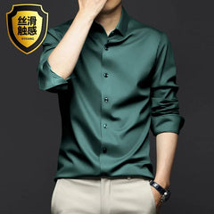 Men's Silk Shirts Long Sleeve Drill Button Solid Color 3XL Silky Business Formal Social No Iron and Wrinkle Soft Fashion Clothes - SHOWLU FASHION STORE