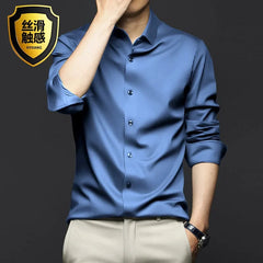 Men's Silk Shirts Long Sleeve Drill Button Solid Color 3XL Silky Business Formal Social No Iron and Wrinkle Soft Fashion Clothes - SHOWLU FASHION STORE
