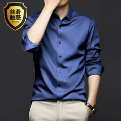 Men's Silk Shirts Long Sleeve Drill Button Solid Color 3XL Silky Business Formal Social No Iron and Wrinkle Soft Fashion Clothes - SHOWLU FASHION STORE