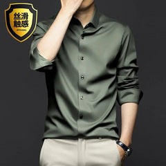 Men's Silk Shirts Long Sleeve Drill Button Solid Color 3XL Silky Business Formal Social No Iron and Wrinkle Soft Fashion Clothes - SHOWLU FASHION STORE