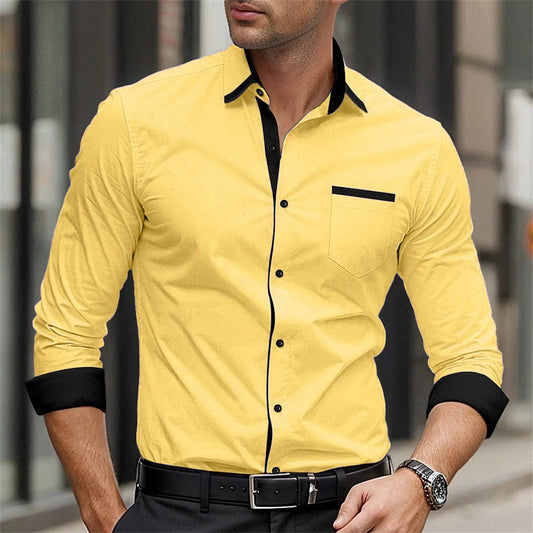 Men's solid color formal shirt, business casual printed shirt, button up lapel long sleeved shirt, fashionable street men's top - SHOWLU FASHION STORE