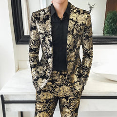 Men's Suit Set Shiny Gold and Silver 2 - piece Set Korean Fashion Host Wedding Set Suit Jacket+pants Men's Hot Stamping Clothing - SHOWLU FASHION STORE