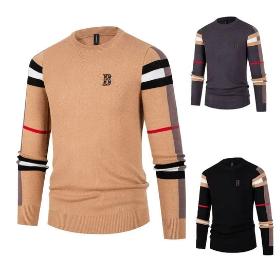 Men's Sweater Knitted Pullover 2024 Autumn/Winter New Soft Warm Striped Checker Round Neck Sweater Casual Fashion Men Clothing - SHOWLU FASHION STORE